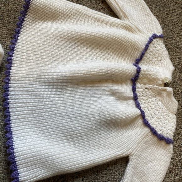 Vintage Acrylic Knit Baby 3-12M Outfit 2 Piece Set White Purple Pants Sweater - Picture 6 of 6